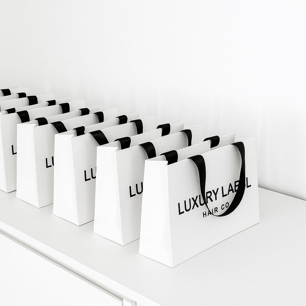 White boxes with 'Luxury Label Hair Co' branding on a white surface